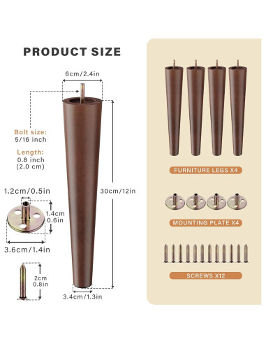 Patas de Muebles GOSCHE 30.48 cm Madera Nogal Juego de 4