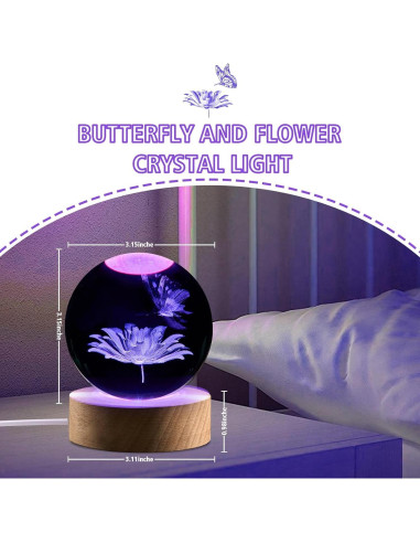Luz Nocturna 3D de Cristal Mariposa Shellvcase 8 cm con Control Remoto
