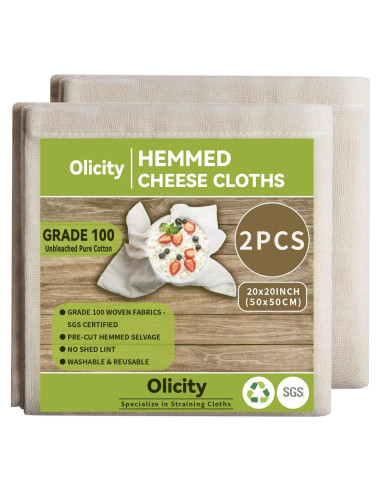 Paños de Queso Olicity 20x20 cm, 100% Algodón Orgánico - 2 Piezas