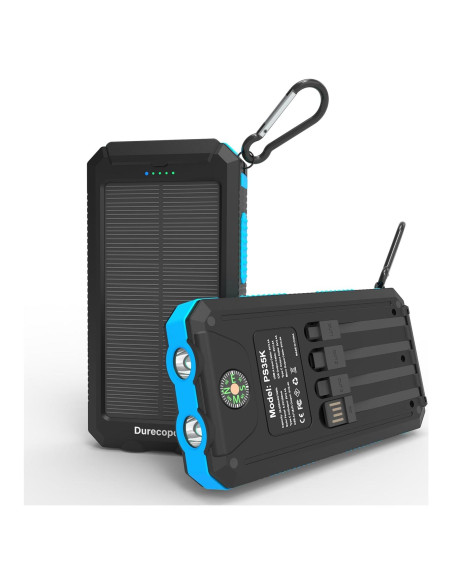 Banco de Energía Solar 20,000mAh Durecopow con 4 Cables y 3 Puertos