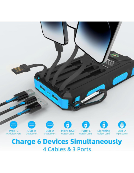 Banco de Energía Solar 20,000mAh Durecopow con 4 Cables y 3 Puertos