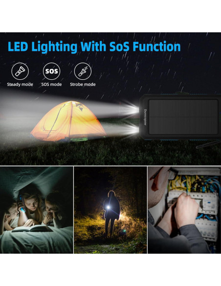 Banco de Energía Solar 20,000mAh Durecopow con 4 Cables y 3 Puertos