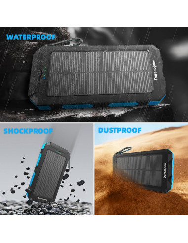 Banco de Energía Solar 20,000mAh Durecopow con 4 Cables y 3 Puertos