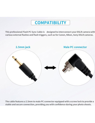 Cable de Sincronización PC 2.5mm Keabroir 1m para Flash DSLR