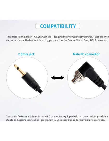 Cable de Sincronización PC 2.5mm Keabroir 1m para Flash DSLR