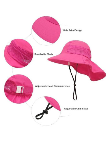 Sombrero de Playa Niños UV Ajustable Rojo Rosa 2-6 Años