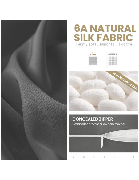 Funda de Almohada de Seda 100% Pura Silkcase Estándar Gris