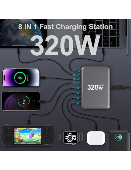 Cargador USB C 320W NXPGKEA Estación de Carga Rápida 8 Puertos Cargador USB C 320W NXPGKEA Estación de Carga Rápida 8 Puertos