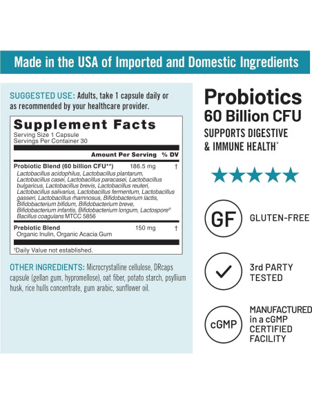 NatureWise Probióticos 60 Mil Millones CFU - 30 Cápsulas Vegetariano