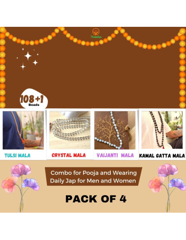 Mala de Oración Naisha - Paquete de 4 Tulsi, Loto, Vaijanti y Cristal