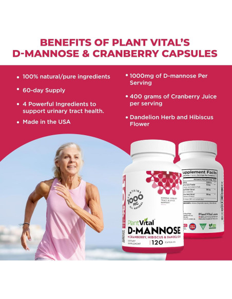 Cápsulas D-Mannosa 1000mg Plantvital con Arándano 120 Unidades