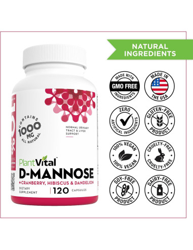 Cápsulas D-Mannosa 1000mg Plantvital con Arándano 120 Unidades