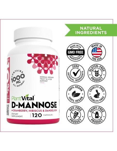 Cápsulas D-Mannosa 1000mg Plantvital con Arándano 120 Unidades
