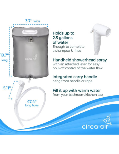 Ducha de Cama Portátil Circa Air 9.5L Plateada para Lavado de Cabello