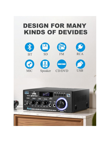 Amplificador de Audio Estéreo AK45 Bluetooth 5.0 40W 2 Canales