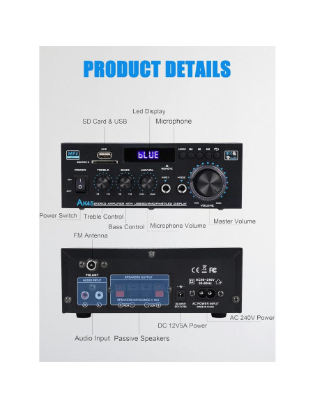 Amplificador de Audio Estéreo AK45 Bluetooth 5.0 40W 2 Canales