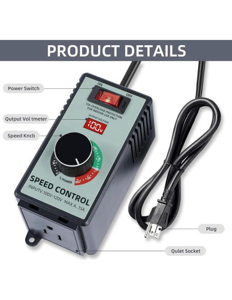 Controlador de Velocidad de Motor CA 120V Azucyzi 15A LED