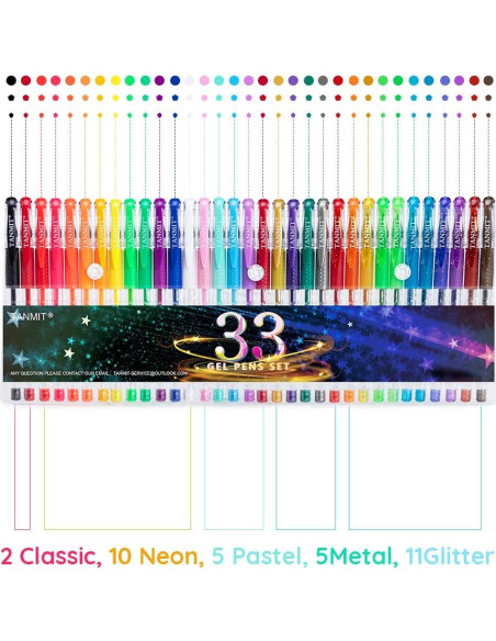 Set de 33 Bolígrafos de Gel TANMIT Multicolor Punta Fina