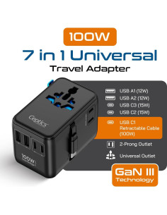 Adaptador de Viaje Universal Ceptics 100W con Cable USB-C Retráctil 2