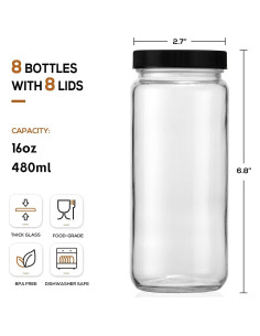 Pack de 8 Botellas de Vidrio AOZITA 16oz con Popotes y Tapas 2