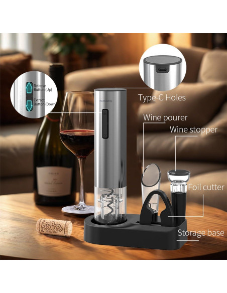 Sacacorchos Eléctrico Novara 4 en 1 Recargable Acero Inoxidable