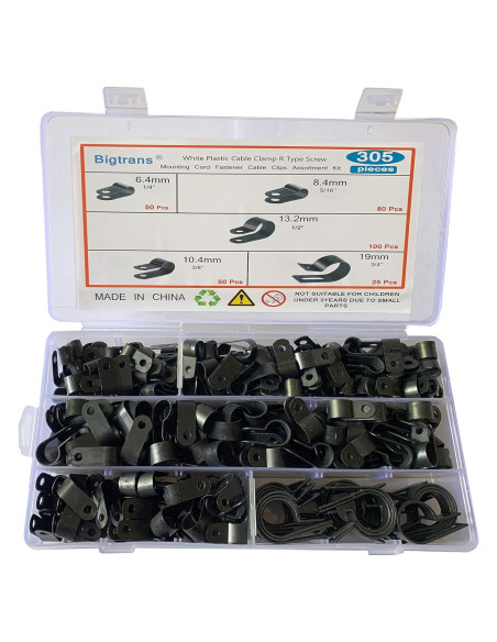 Bigtrans Clips de Alambre de Nylon Tipo R 305 Pcs - 5 Tamaños