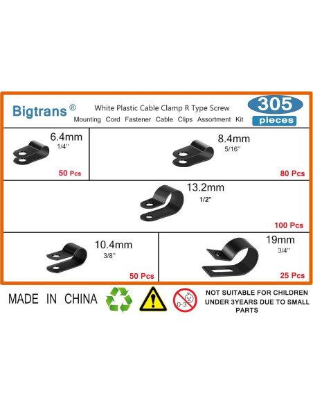 Bigtrans Clips de Alambre de Nylon Tipo R 305 Pcs - 5 Tamaños