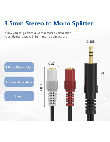 Cable divisor de audio 3.5mm TRS a 2 TS hembra RFAdapter 15.24cm