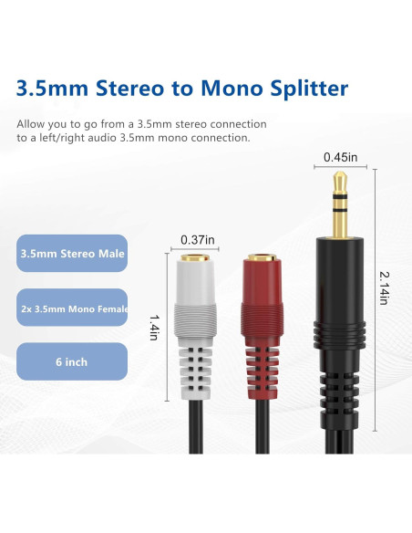 Cable divisor de audio 3.5mm TRS a 2 TS hembra RFAdapter 15.24cm