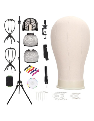 Cabeza de Peluca de Lienzo 56 cm con Soporte Trípode Ajustable