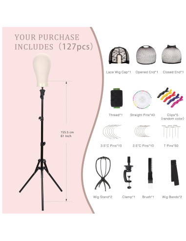 Cabeza de Peluca de Lienzo 56 cm con Soporte Trípode Ajustable