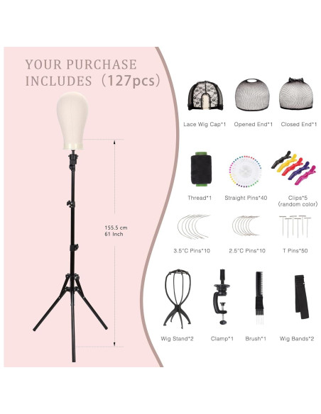 Cabeza de Peluca de Lienzo 56 cm con Soporte Trípode Ajustable