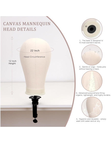 Cabeza de Peluca de Lienzo 56 cm con Soporte Trípode Ajustable