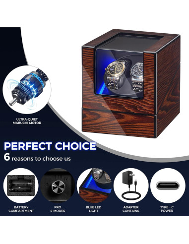 BEWISHOME Caja Winder para 2 Relojes Automáticos Madera LED