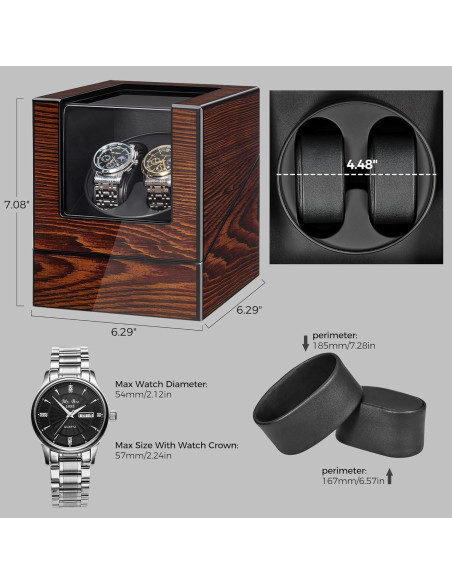 BEWISHOME Caja Winder para 2 Relojes Automáticos Madera LED