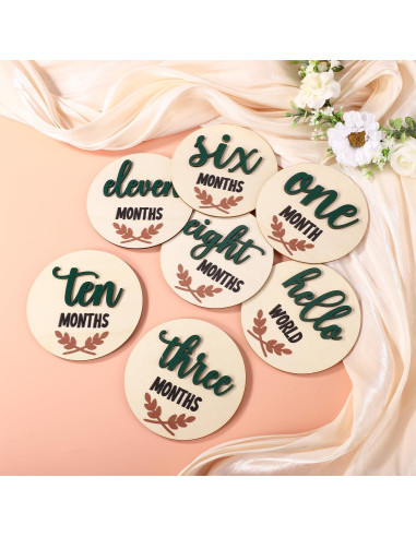 7 Tarjetas de Hitos Mensuales de Madera para Bebés 10x10cm