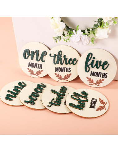 7 Tarjetas de Hitos Mensuales de Madera para Bebés 10x10cm
