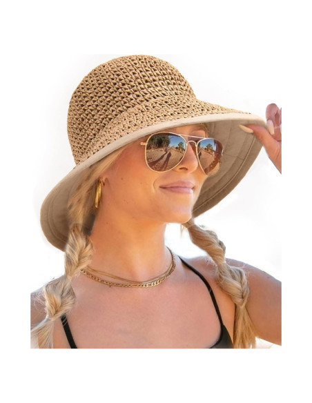 Sombrero de Playa de Paja FURTALK para Mujeres UPF 50 Caqui