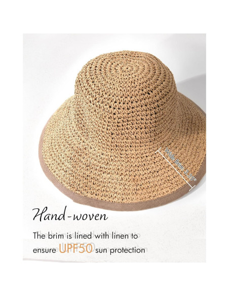 Sombrero de Playa de Paja FURTALK para Mujeres UPF 50 Caqui