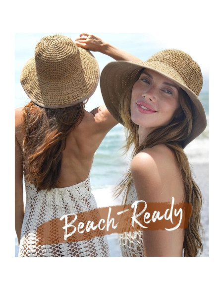 Sombrero de Playa de Paja FURTALK para Mujeres UPF 50 Caqui