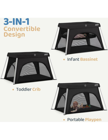 Cuna de viaje HARPPA 3 en 1 portátil negra, plegable y ligera