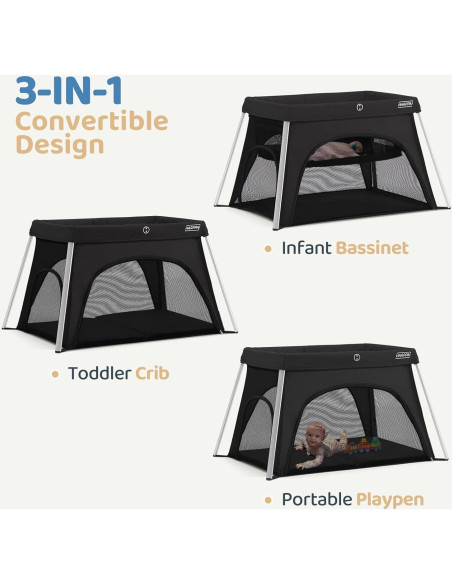 Cuna de viaje HARPPA 3 en 1 portátil negra, plegable y ligera