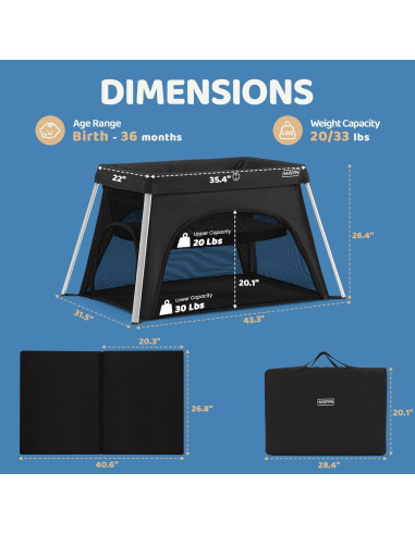 Cuna de viaje HARPPA 3 en 1 portátil negra, plegable y ligera