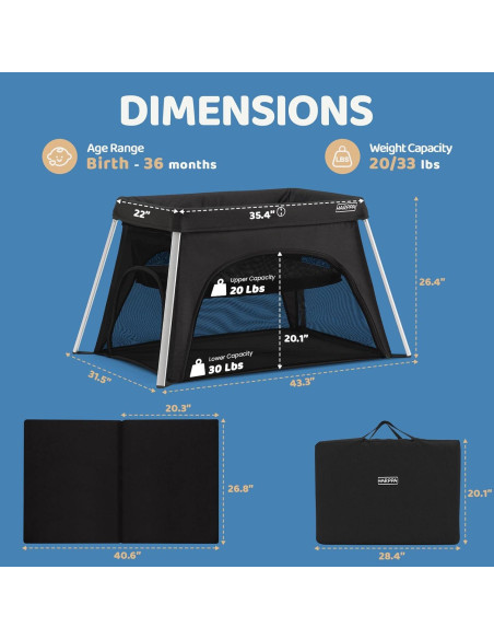 Cuna de viaje HARPPA 3 en 1 portátil negra, plegable y ligera