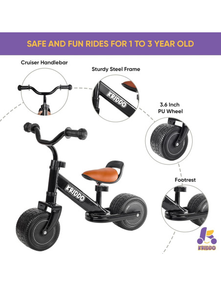 Bicicleta de Equilibrio KRIDDO para Niños 1-2 Años Negra