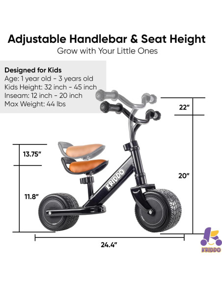 Bicicleta de Equilibrio KRIDDO para Niños 1-2 Años Negra