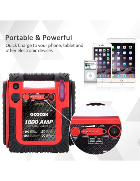 Arrancador de Coche Acetek HH745 1800A 20000mAh con Luz LED