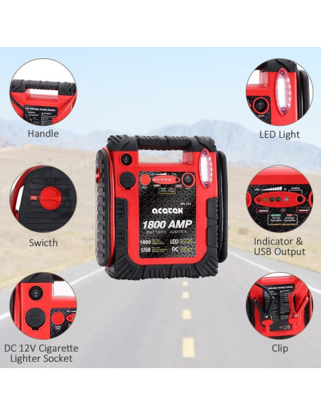Arrancador de Coche Acetek HH745 1800A 20000mAh con Luz LED