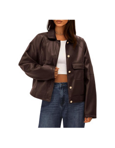 Chaqueta de Cuero Sintético BTFBM Mujeres Oversized Café Oscuro