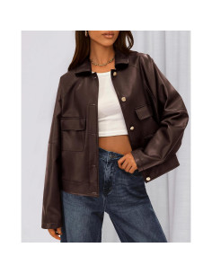 Chaqueta de Cuero Sintético BTFBM Mujeres Oversized Café Oscuro 2